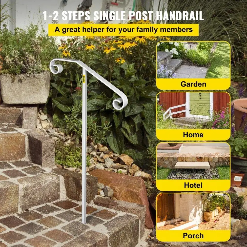 Single Post Wrought Iron Handrail - Ground Mount Step Grab Support for 1 or 2 Steps - Durable Safety Railing