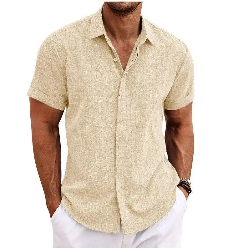 

Men's Double-Breasted Cotton Linen ort-Sve Open-irt High-Quali irt Summer Home Wear Turn-Down Collar Casual irt