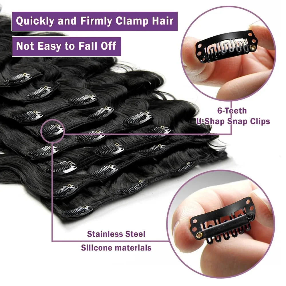 Clip em extensões de cabelo para salão de beleza, cabelo humano, onda do corpo, remy pele trama, preto natural, 8PCs