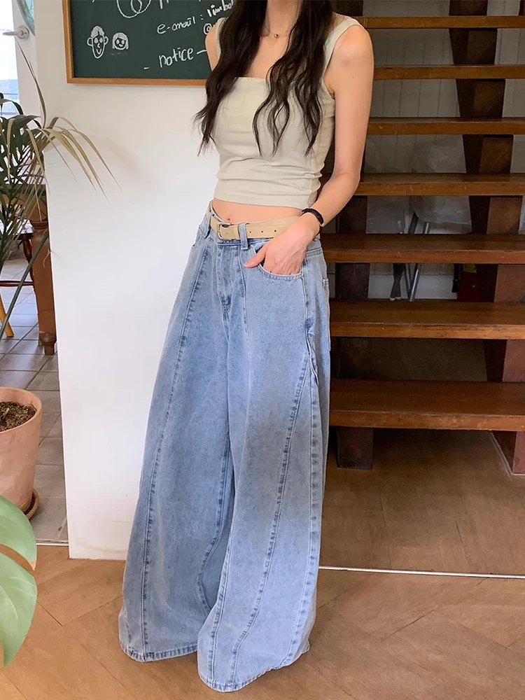

High Waist Wide Leg Jeans Women's Early Autumn New Style Retro Wear Resin Treatment Splicing Design Slimming Long Pants