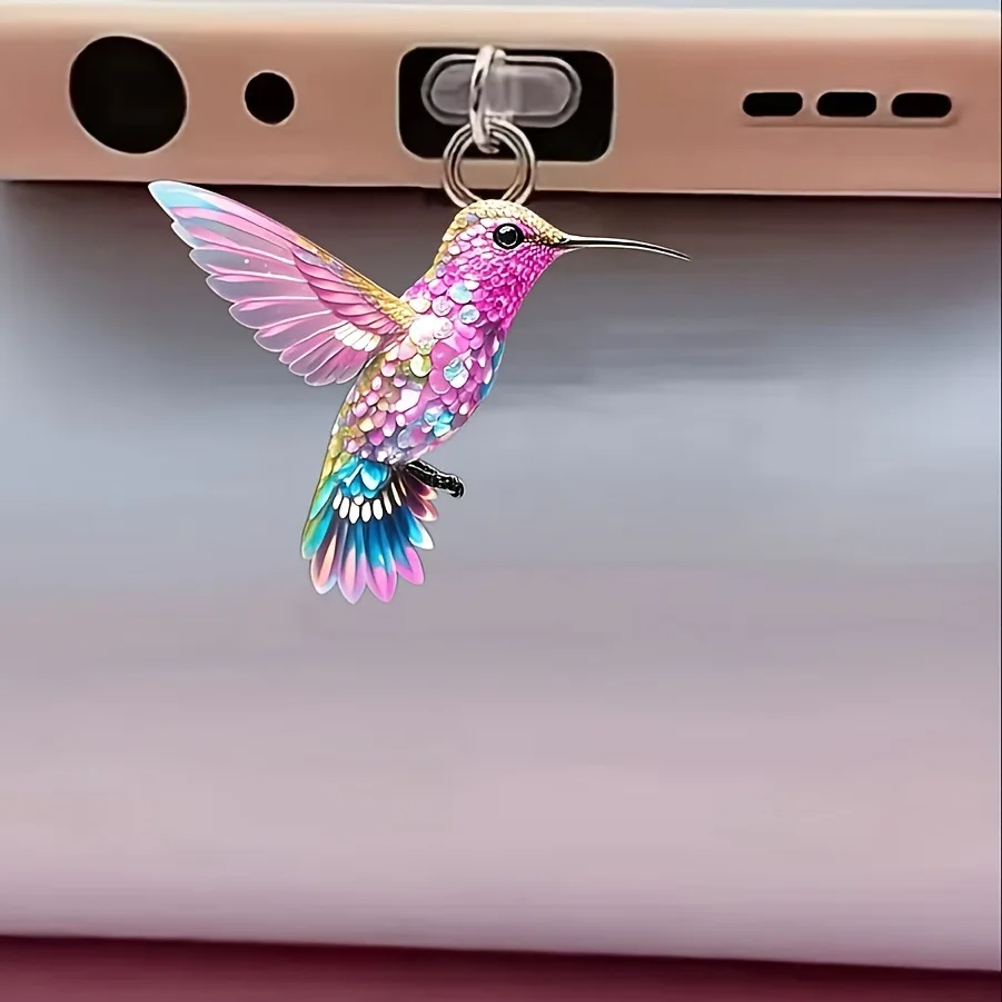2D Flat Acrylic Colorful Hummingbird Dust Plug for iPhone Lightning Connector and Type-c Oval Connector Phone Dust Plug Pendant