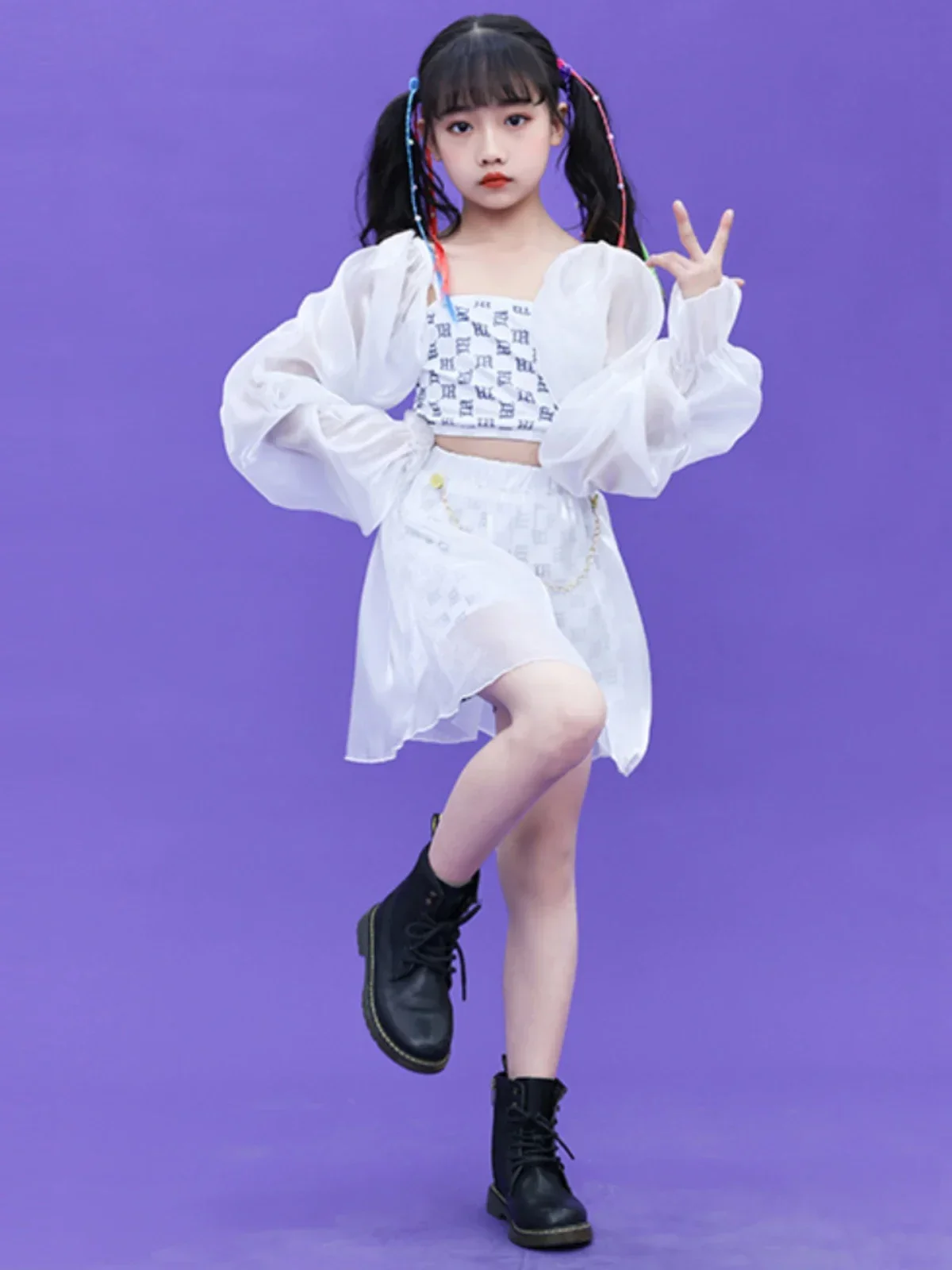 Hip Hop Modern Dance Outfit Kids Stage Wear abbigliamento moda Kpop Girls Clothes Jazz Dance Costume White Performance Suit