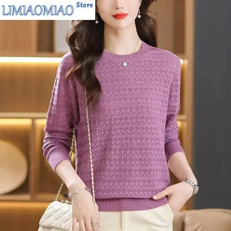 

Round Neck Autumn Winter Solid Color Pullover Women's Clothing Long Sleeve Sweater Knitted Hook Flower Hollow Korean Tops
