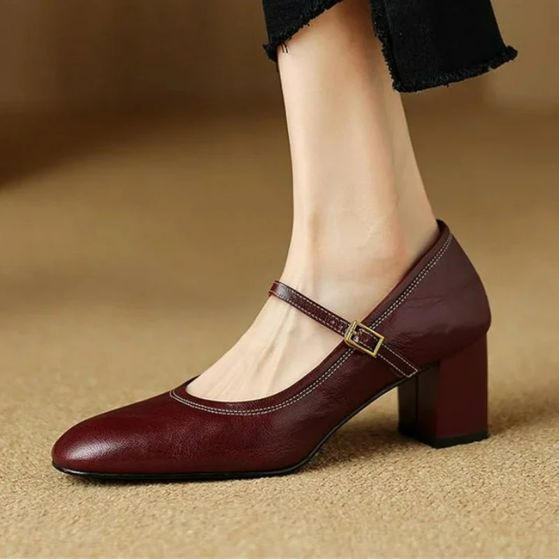 

НОВЫЕ весенне-осенние женские туфли-лодочки, туфли на высоком каблуке с круглым носком, женская обувь из натуральной кожи с пряжкой и ремешком, обувь Мэри Джейн CA05