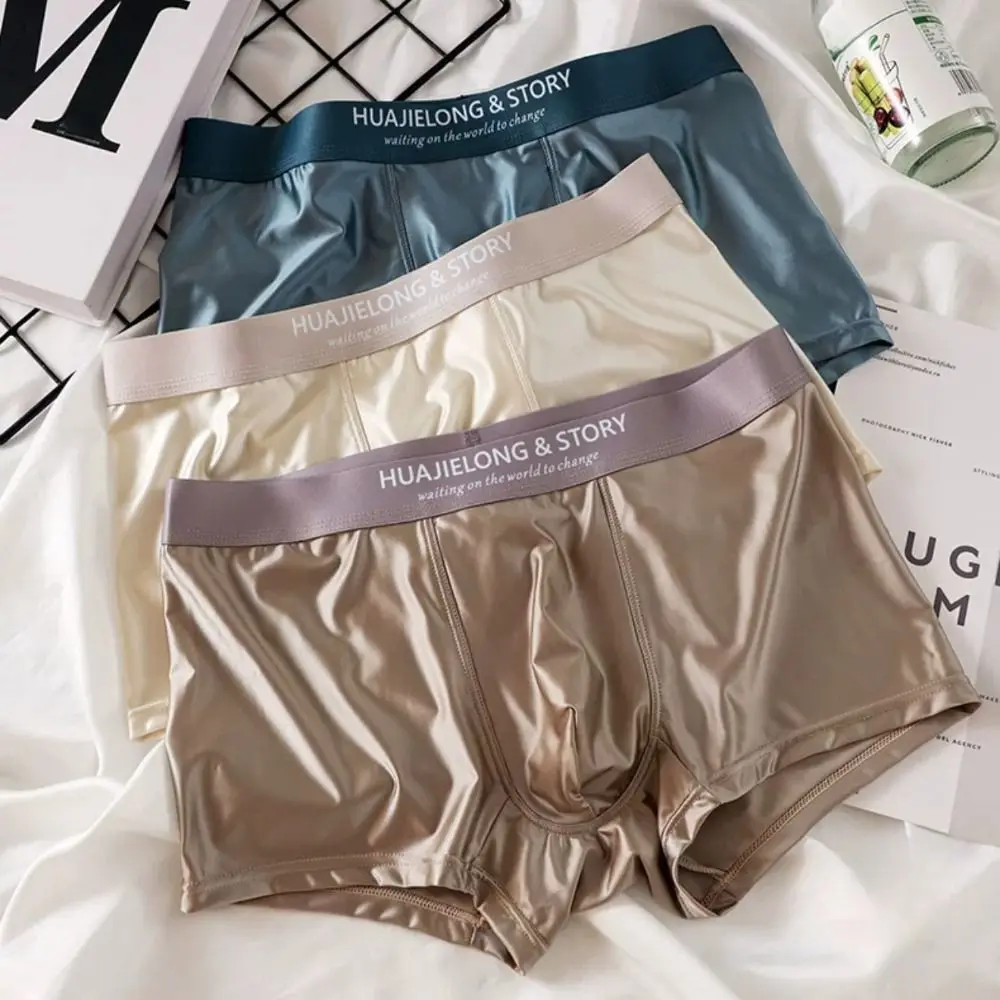 

Breathable Thin Satin Silk Boxer Briefs Mid Waist Seamless Ice Silk Boxers Lingerie Underpants Underwear for Men Daily