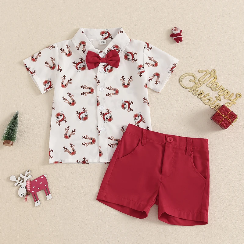 New 2Pcs Baby Boy Christmas Clothes Short Sleeve Reindeer Print Bowtie Shirt + Shorts Set Toddler Outfits 6 Months-4 Years