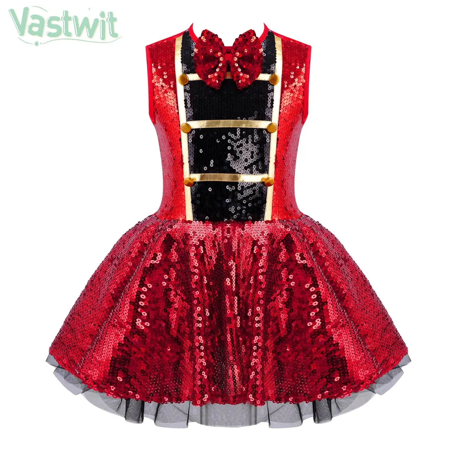 Kids Girl Shiny Sequin Leotard Tutu Dress Latin Dance Rumba Samba Dancewear Halloween Carnival Circus Ringmaster Cosplay Costume