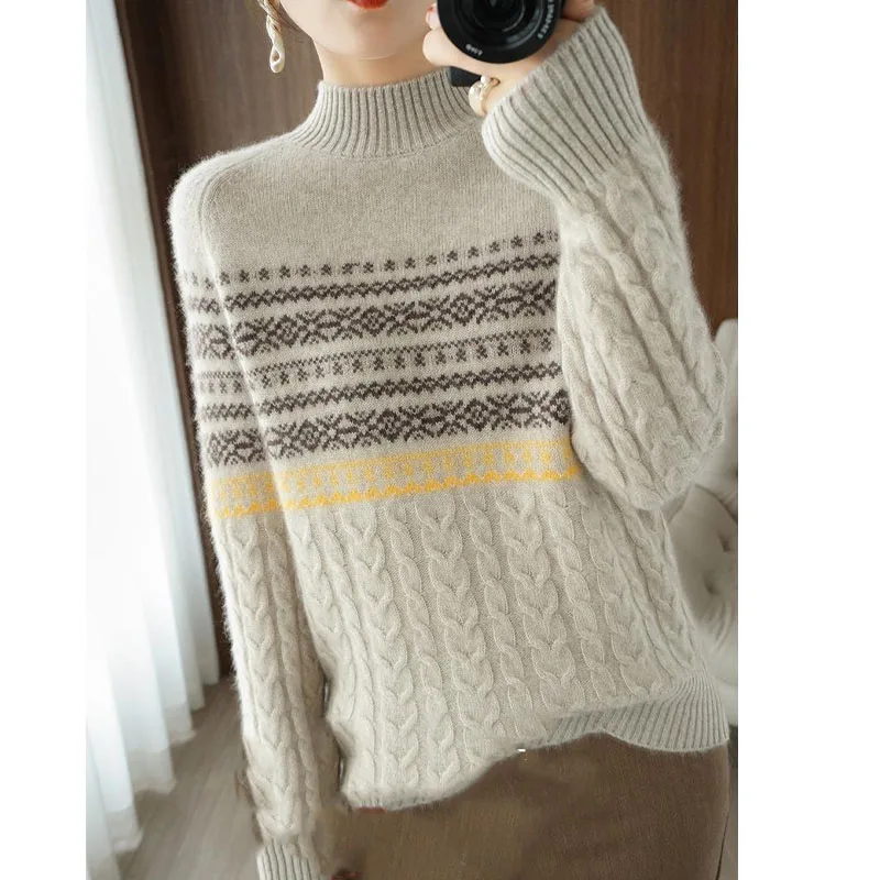 New Autumn/Winter Fashion Korean Edition Vintage Jacquard Half High Neck Loose Versatile Foreigner Women\'s Long Sleeve Sweater