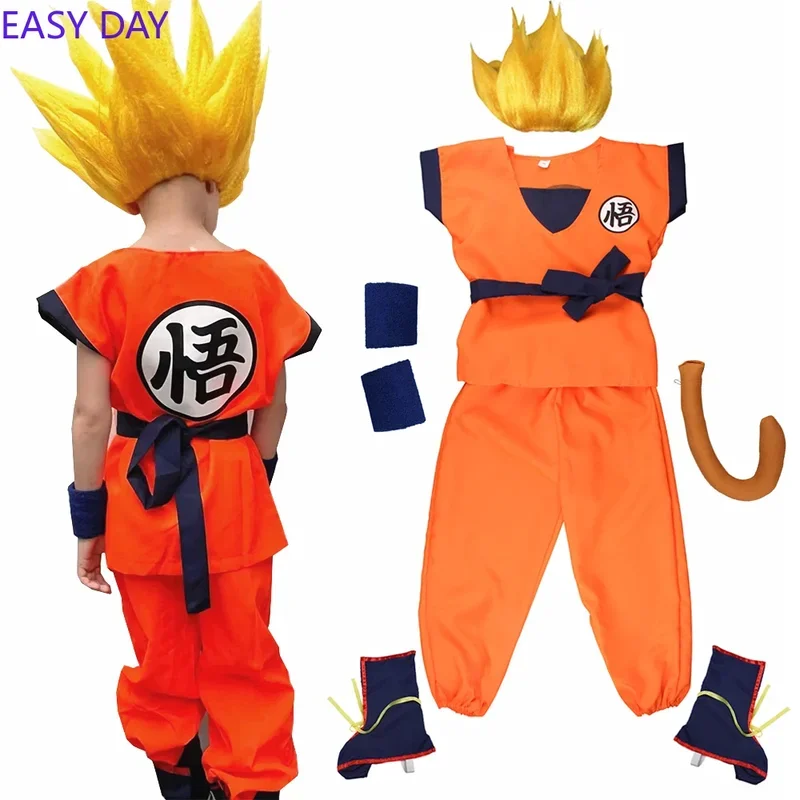 2025 New Kids Anime Son Goku Cosplay Costumes Krillin Training Clothes Superhero Outfits with Super Saiyan Wig Comic Con Part AA
