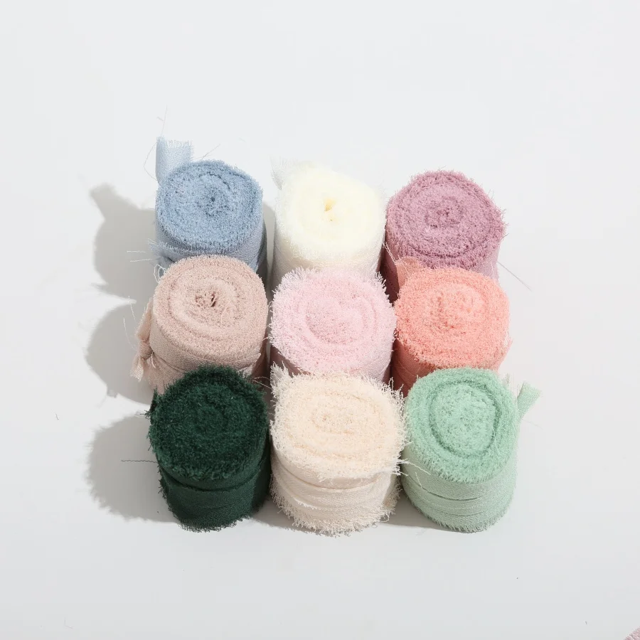9 Rollen/Set ausgefranstes Satin-handgemachtes Chiffon-Seidenband für Hochzeitseinladung, Blumensträuße, Geburtstagsfeier, DIY-Dekoration, Geschenk – Detail 5
