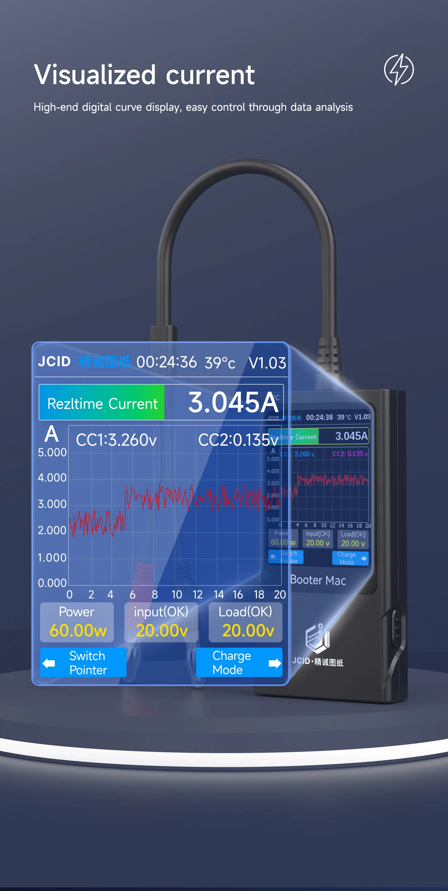 JC iBooter Mac Current Analyzer Precision Fault Date Diagnosis Boot Voltage Real-time Graph Display for 2008-2024 MacBook Repair