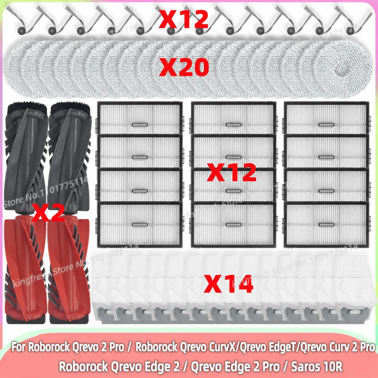 Compatible avec Roborock Qrevo 2 Pro, Roborock Qrevo CurvX / Qrevo EdgeT / Qrevo Curv 2 Pro / Qrevo Edge 2 / Qrevo Edge 2 Pro / Saros 10R Pièces Brosse, Filtre, Chiffon de Nettoyage, Sac à Poussière