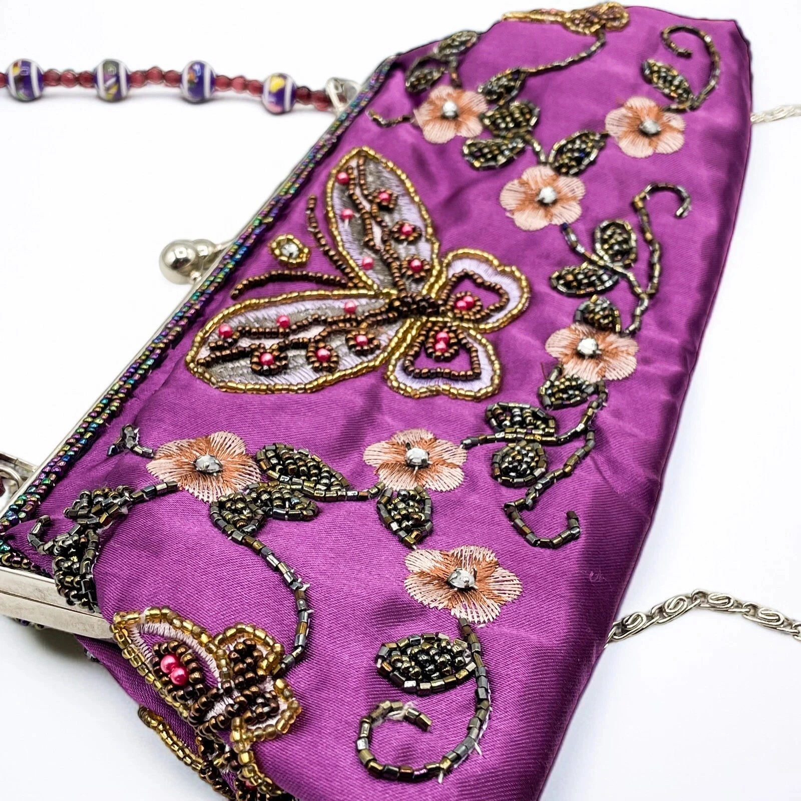 

Lost in Vintage Evening Handbag Microbead Butterfly Evening Bag Purple Satin Clutch Beaded 90s Fairycore Beads and Sequin Clutch