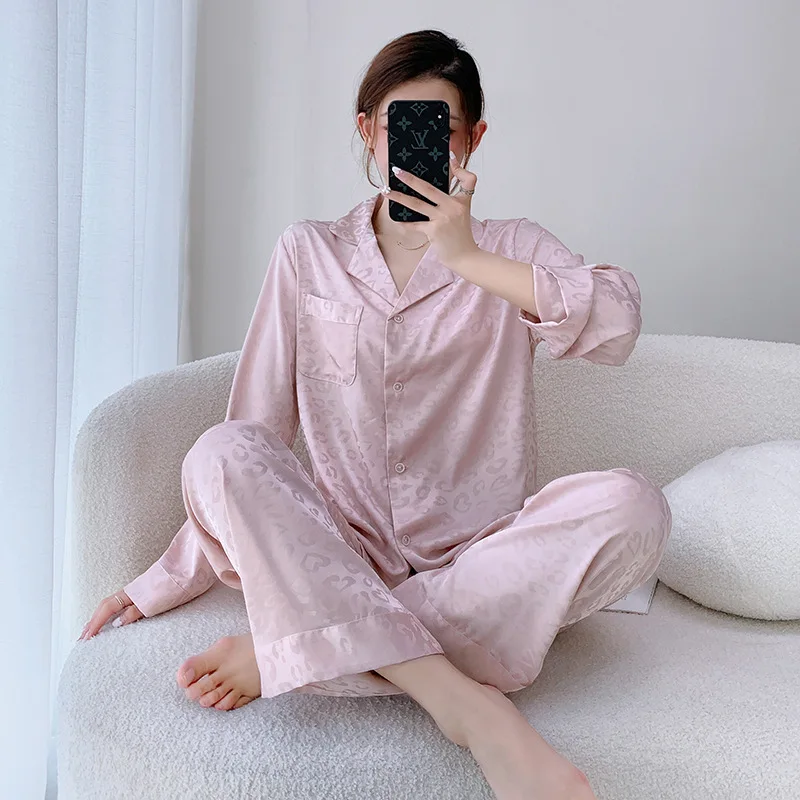 Pajamas Pour Femme Black Leopard Pyjamas 2Pcs Sleepwear Long Sleeve Shirt&pants Women\'s Home Clothes Silk Satin Loungewear