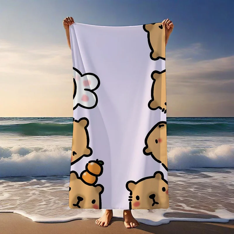 Cute Bear Cartoon Beach Towel – Kawaii Japanese Style with Carrot and Bunny Ears, Summer Fun Towel for Beach or Pool