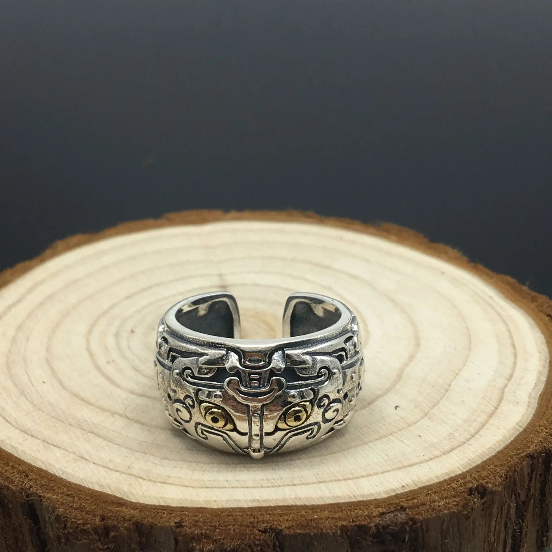s925 sterling silver fashion ornament vintage Thai silver God Beast gluttonous open ring personality trendy men's index finger