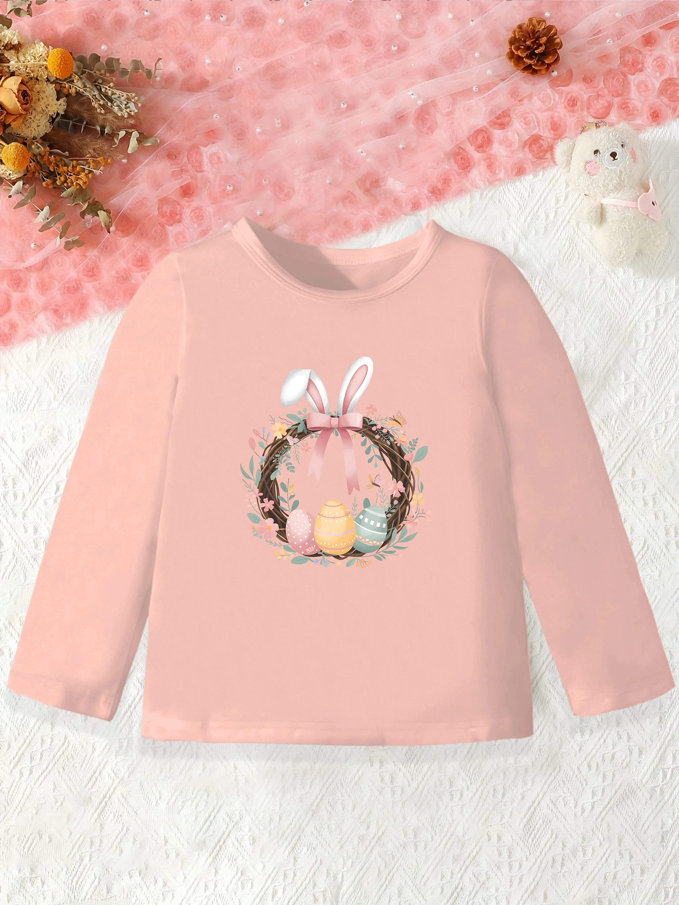 1 pieces: Easter Day Girls Autumn Base Layer Cartoon Easter Egg Rabbit Wreath Sweet Pattern
