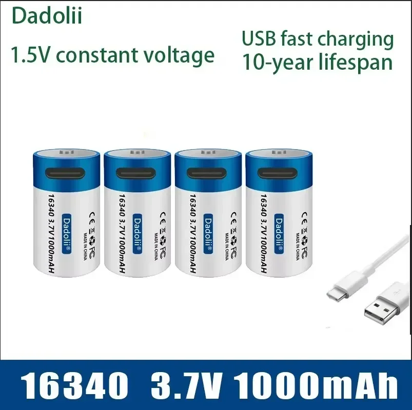 New USB fast charging battery SHSEJA CR123A 123A CR123 ICR 16340 3.7V lithium-ion battery, 1000mAh