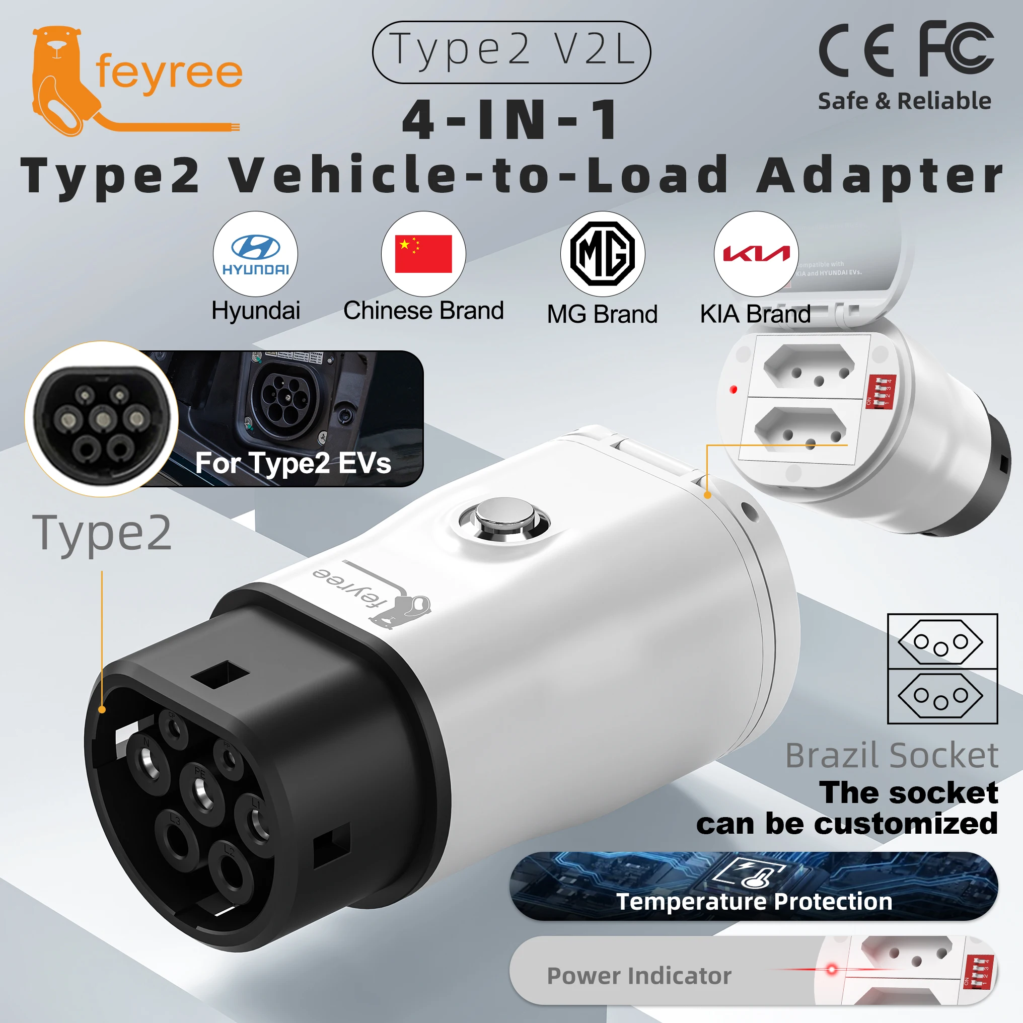 

feyree Type2 V2L Discharger Adapter for MG/Kia/Hyundai/Chinese EVs,Vehicle to Load Power Converter and Safety Switch for Camping