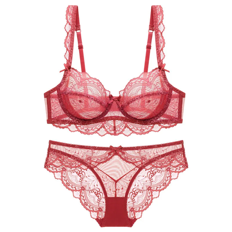 Ultrathin Bra Panties Sets Transparent Brassiere Sexy Underwear Set Plus Size D E Cup Embroidery Women Lingerie Set Lace Bras