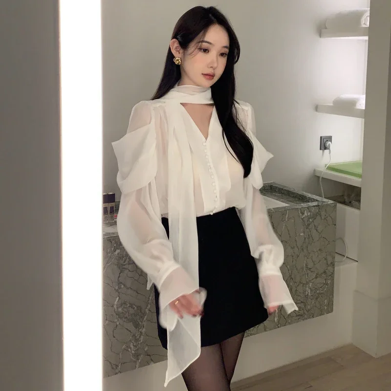 V Neck Ribbon Shirts Blouses Pile Up Sleeve Blusas Mujer Single Breasted Camisas Elegant Ropa Mujer Korean Clothes Women