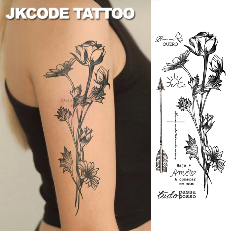 Large size floral arm tattoo - Herbal tattoo sketch in INS influencer style Wild Rose - Bow and arrow - Portuguese font - English font pattern temporary tattoo for cool men and women, suitable for hands, back, legs, multi-purpose tattoo, long-lasting and waterproof for 15 days