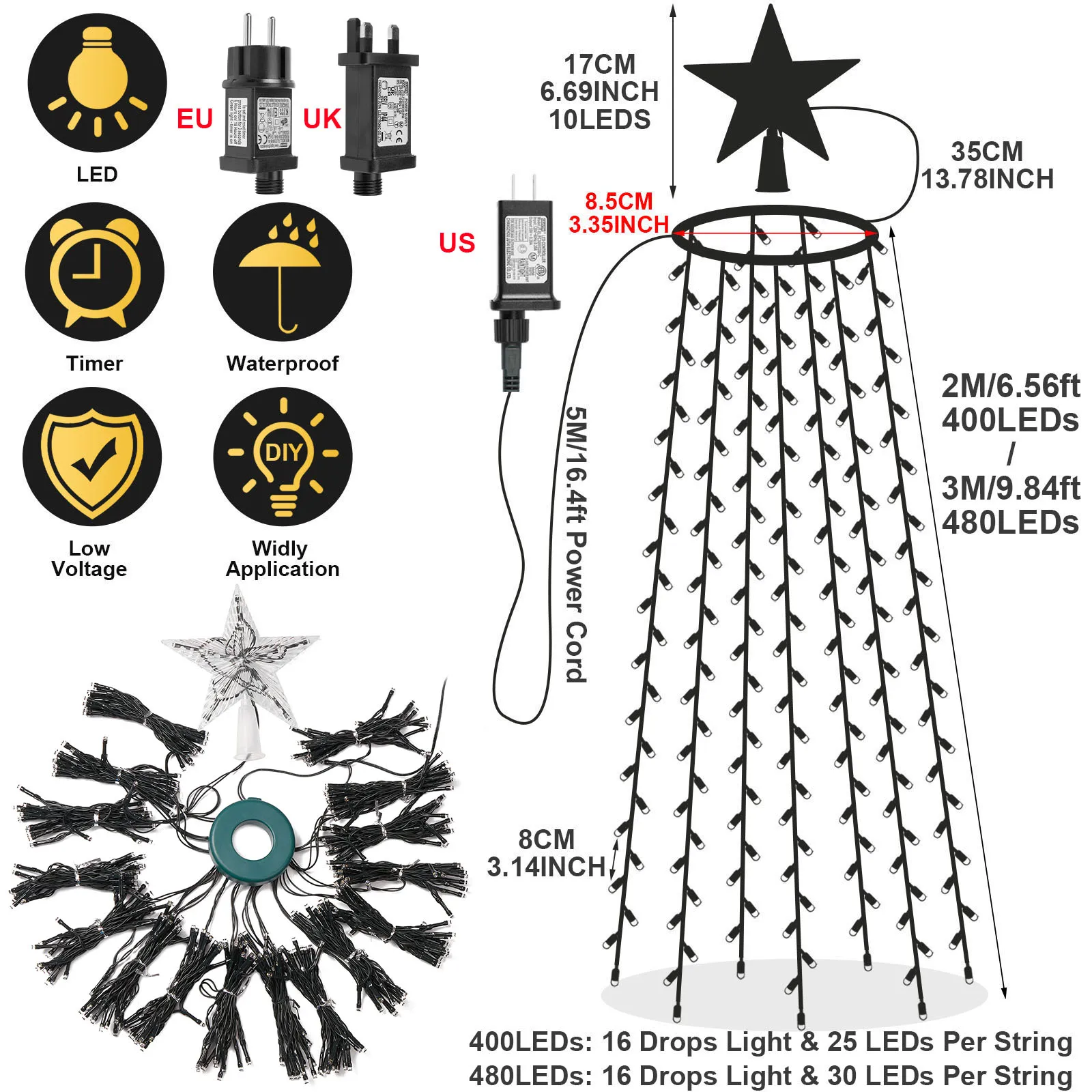 3M Safe Voltage 490LED Christmas Tree Waterfall Lights with Star Topper 8 Modes Timer Outdoor Meteor Fairy Light Xmas Decoration