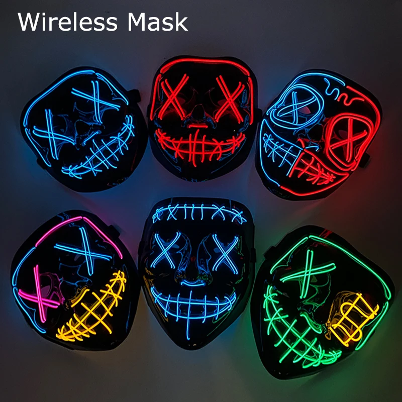 Wireless Neon LED Mask Halloween Scary Glowing Mask For Masquerade Halloween Party Adult Children Mask Bar Decor Horror Props