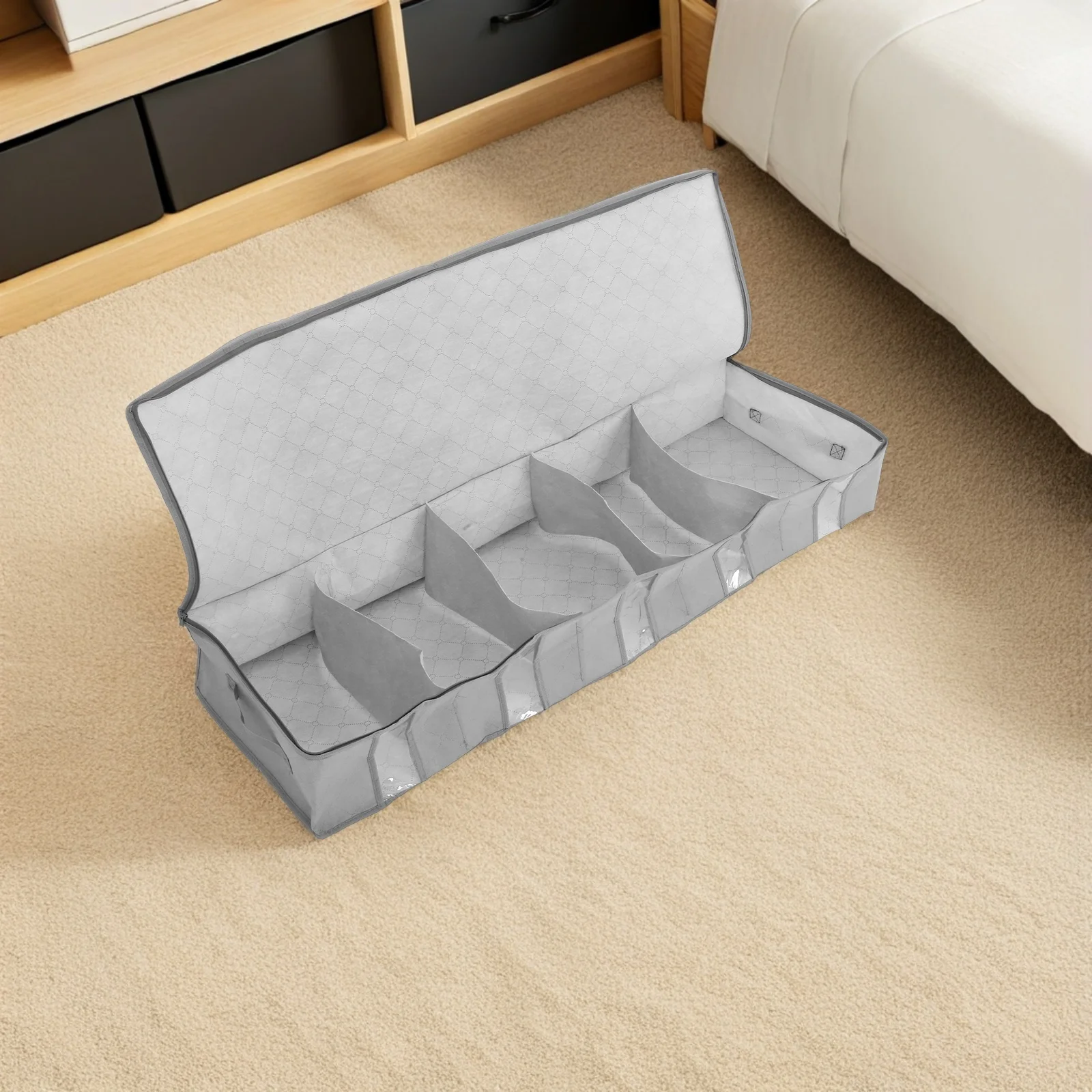 

2pcs Grey Non-Woven Foldable Storage Box Clothing Container With Lid Dustproof Organizer Transparent Window Lightweight Under