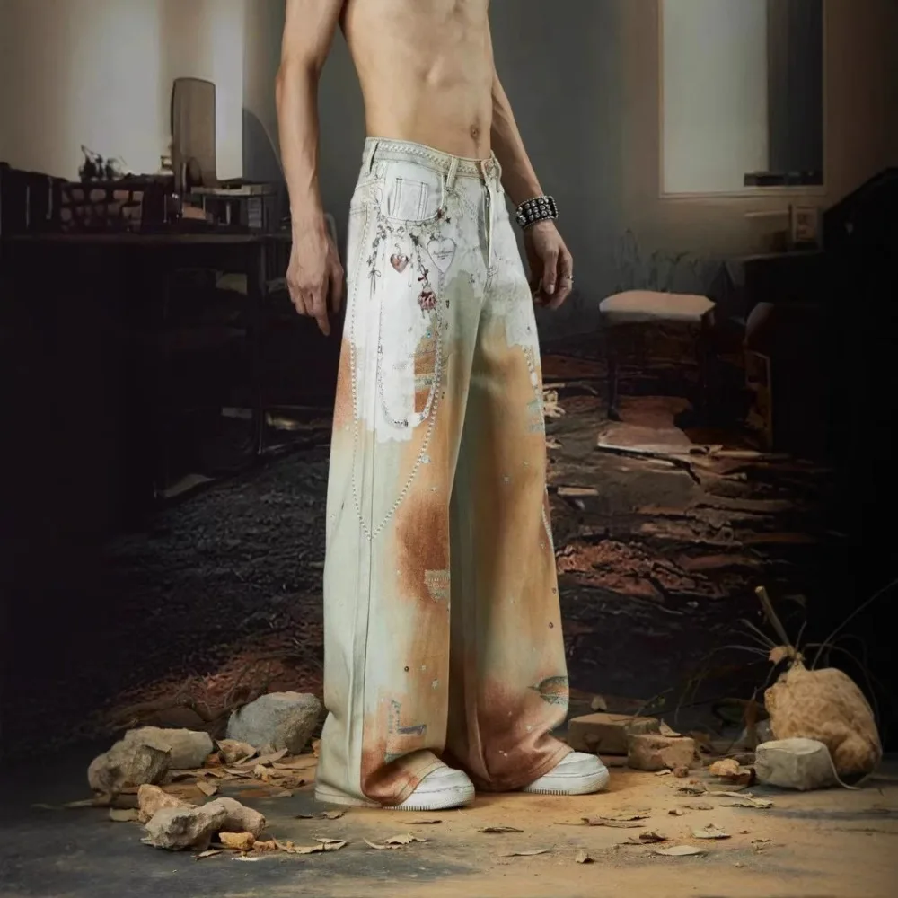 Heavy Industry Chain Printed Jeans Pants Mens Summer American Design Straight Tube Floor Pants and Women's pant