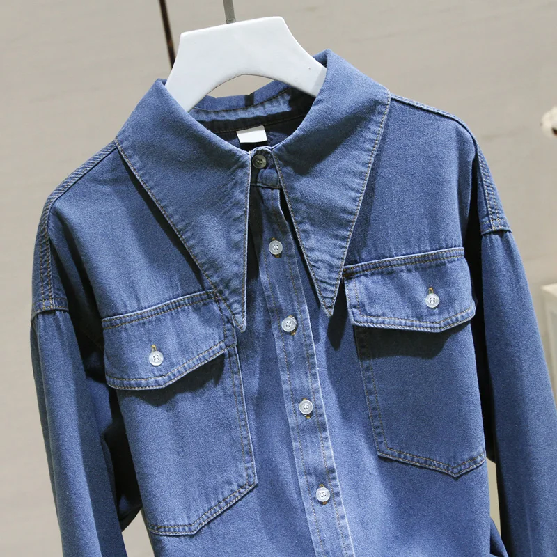 Women's Long-Sleeved Denim Blue Shirts with Pockets, Turn-Down Collar, Casual Coats, All Match Female Outwear, Autumn Tops