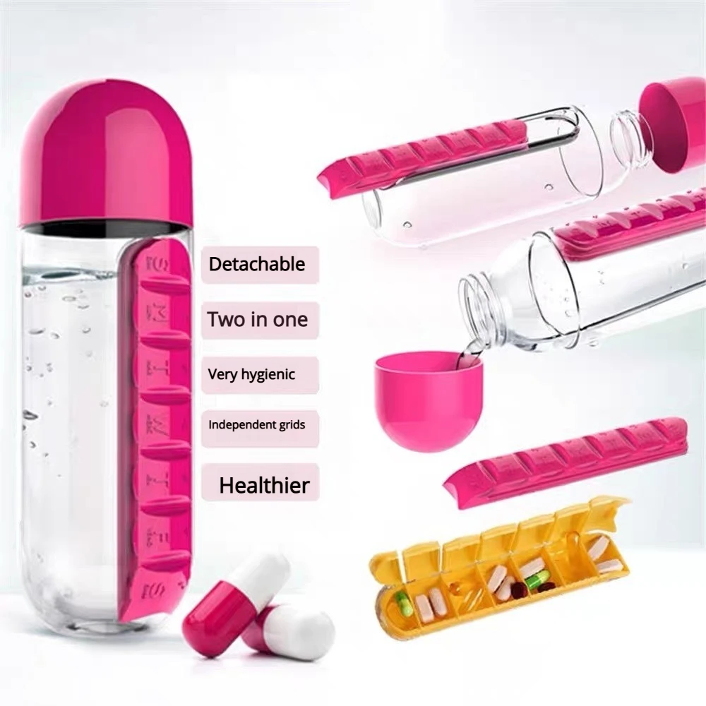 Portable 2 in 1 Medicine Box Water Cup Sports Plastic Water Bottle Combine Daily Pill Boxes Organizer Drinking Bottles