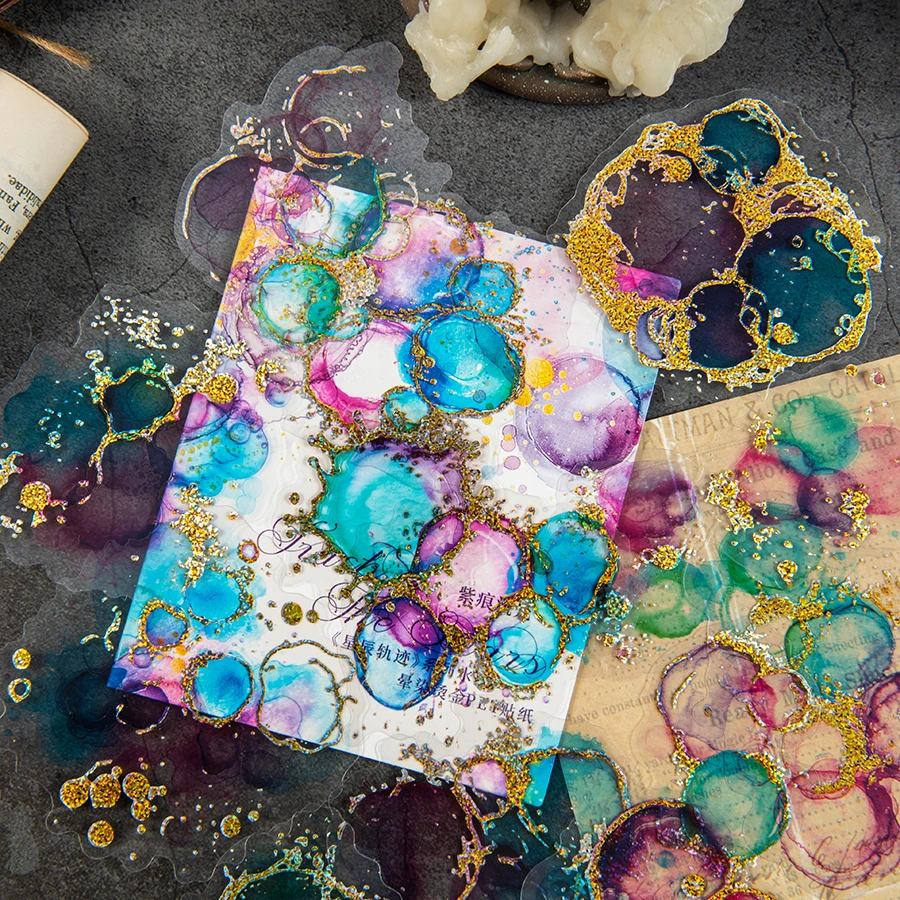 15 arkuszy/opakowanie Naklejki akwarelowe Gwieździste Niebo, Mieszanie Akwareli, Wodoodporne Naklejki z Złotą Folią PET