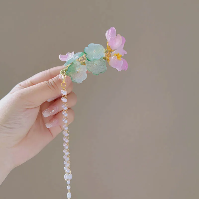 

Аксессуары для волос в древнем стиле, стекло, заколки для волос в виде листьев лотоса и цветов лотоса, жемчужные кисточки, боковые зажимы, заколки для волос, головные уборы