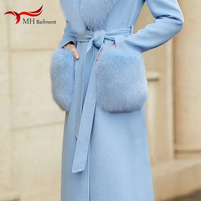 Women's Coat Woolen Pocket New 100% Real Fox Fur Color Matching Pocket 9.5*11CM Brand Bag Female Towel