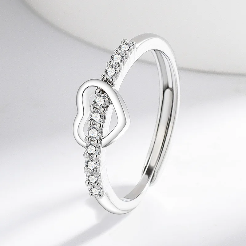 

925 Sterling Silver Simple Heart Inlaid Zircon Ring Fashionable Personality Versatile Daily Jewelry