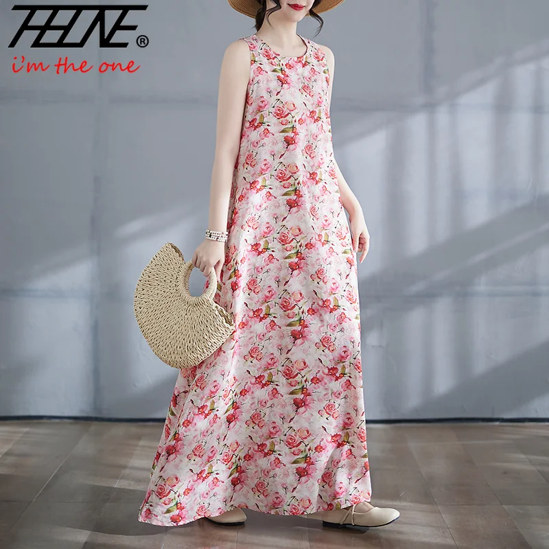 THHONE Vestido Feminino Summer Dress Women Sleeveless Robe Tank Bohemian Beach Style O Neck Print Elegant Women's Loose Dresses