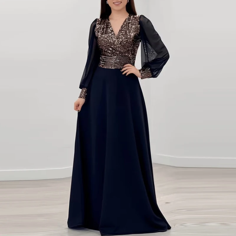 Schickes Sexy V-Ausschnitt Patchwork Pailletten Partykleid Damen Frühling Hochgeschnittenes Mesh A-Linien Langes Kleid Sommer Transparentes Langarm Maxikleid