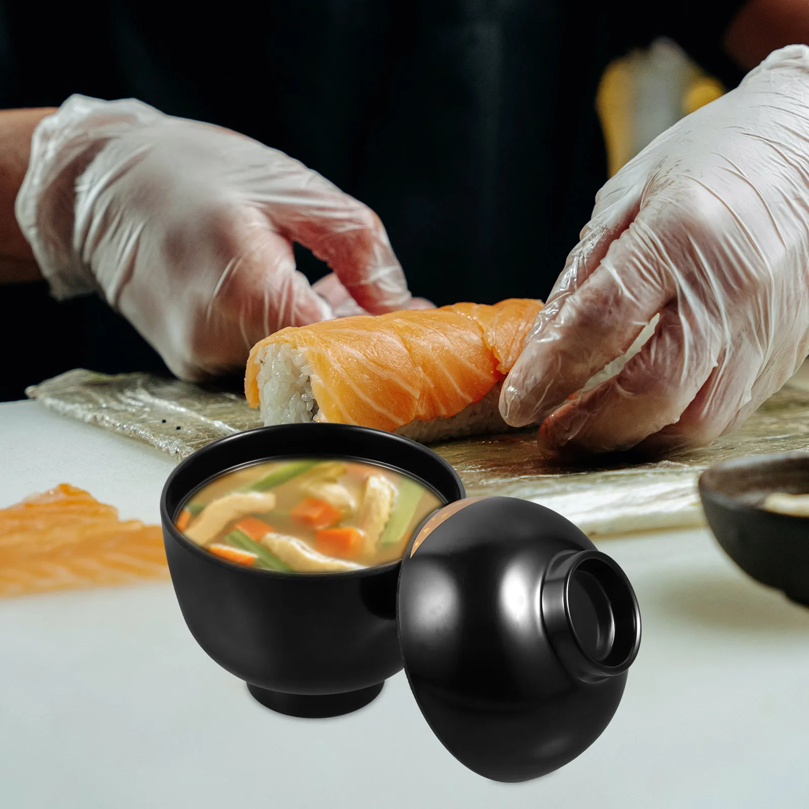 

Melamine Covered Bowls Black Gold Edge Heat Resistant Soup Serving Bowl Japanese Restaurant Kitchen Barware Set