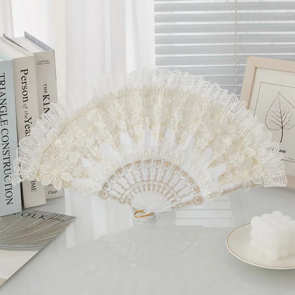 White Lolita Lace Hand Fan Handheld Plastic Handle Lace Folding Fan with Pearl Retro Court Style Bride Hand Fan Party