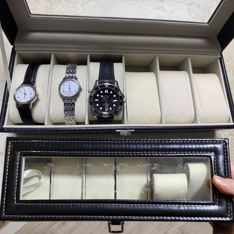 

2/3/6 Watches Box Luxury Black Faux Leather Watch Box with Glass Top Velvet Lined Lockable Flip Top Rectangular Display Case