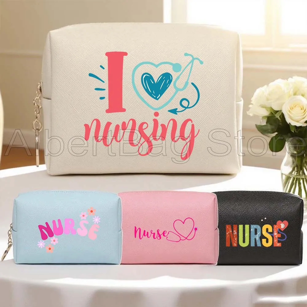 

Nurse Stethoscope with Cute Flowers Nursing Gifts PU Leather Travel Cosmetic Bag Women Makeup Waterproof Toiletry Storage Bag