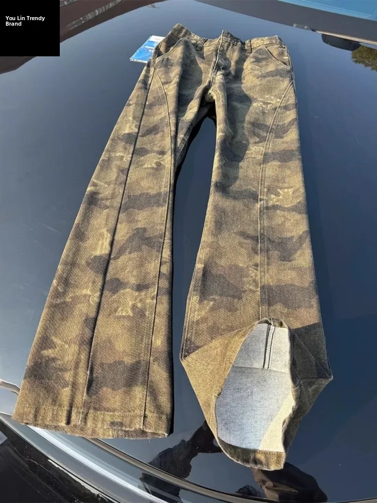 

American Sle Camouflage Slant Cut Knife Jeans Men Trendy High Waist Workwear Pants Slimming Flared Legs Retro Sle