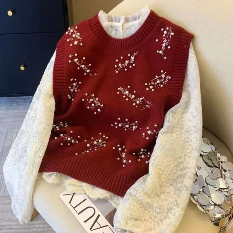 Primavera e outono novo design sentido indústria pesada frisado colete de malha colete feminino jaqueta