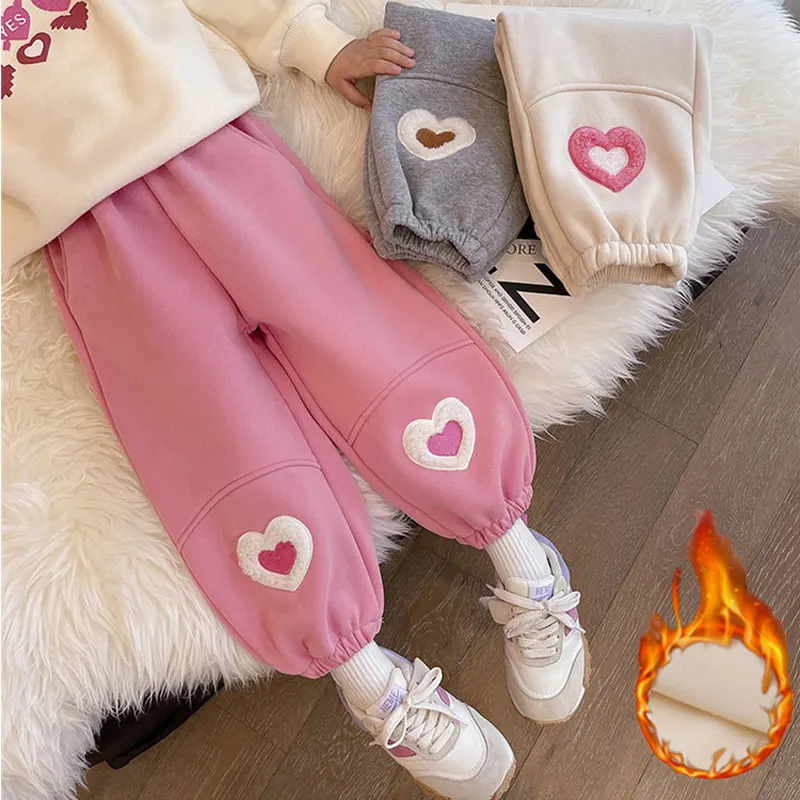 Girls Fleece Pants Warm Trousers for Kids Love Heart Children Trousers 2024 Fall Winter Baby Thicken Clothing Korean Style