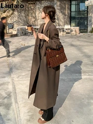 Lautaro Autumn Long Coffee Flowy Blazer Coat Women with Back High Slit Double Breasted Loose Casual Korean Fashion Overcoat 2024
