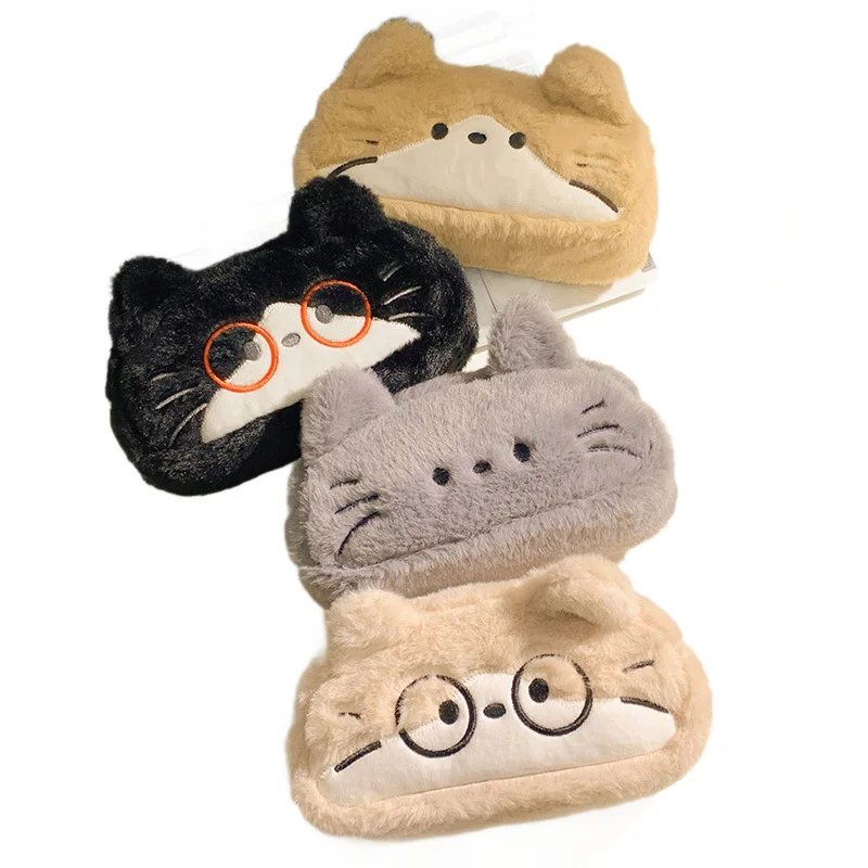 مقلمة مطرزة على شكل قطة من القطيفة، حقيبة مكياج جمالية لطيفة للمدرسة، منظم قرطاسية واسع ومنفوش، مستلزمات الطلاب