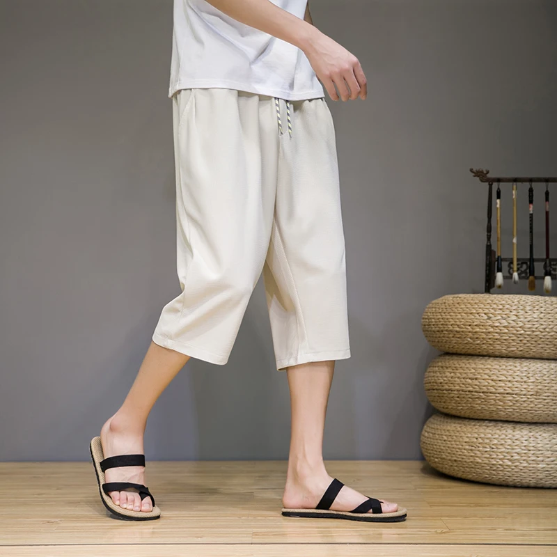 Summer Calf-length Pants Men Chinese Style Ice Silk Harem Pants for Men Simple Straight Shorts