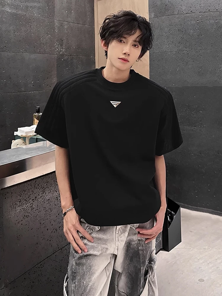 Metal Decorated Shoulder Padded T-Shirt Men's Summer Casual Fit Short Sleeve CleanFit Half Sleeve Anti-Pilling Cotton Polyest...