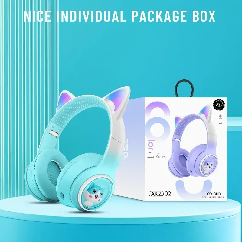 AKZ-02 Wireless Bluetooth Cute Cat Ear Gradient Color Headphones HD Mic RGB Lighting